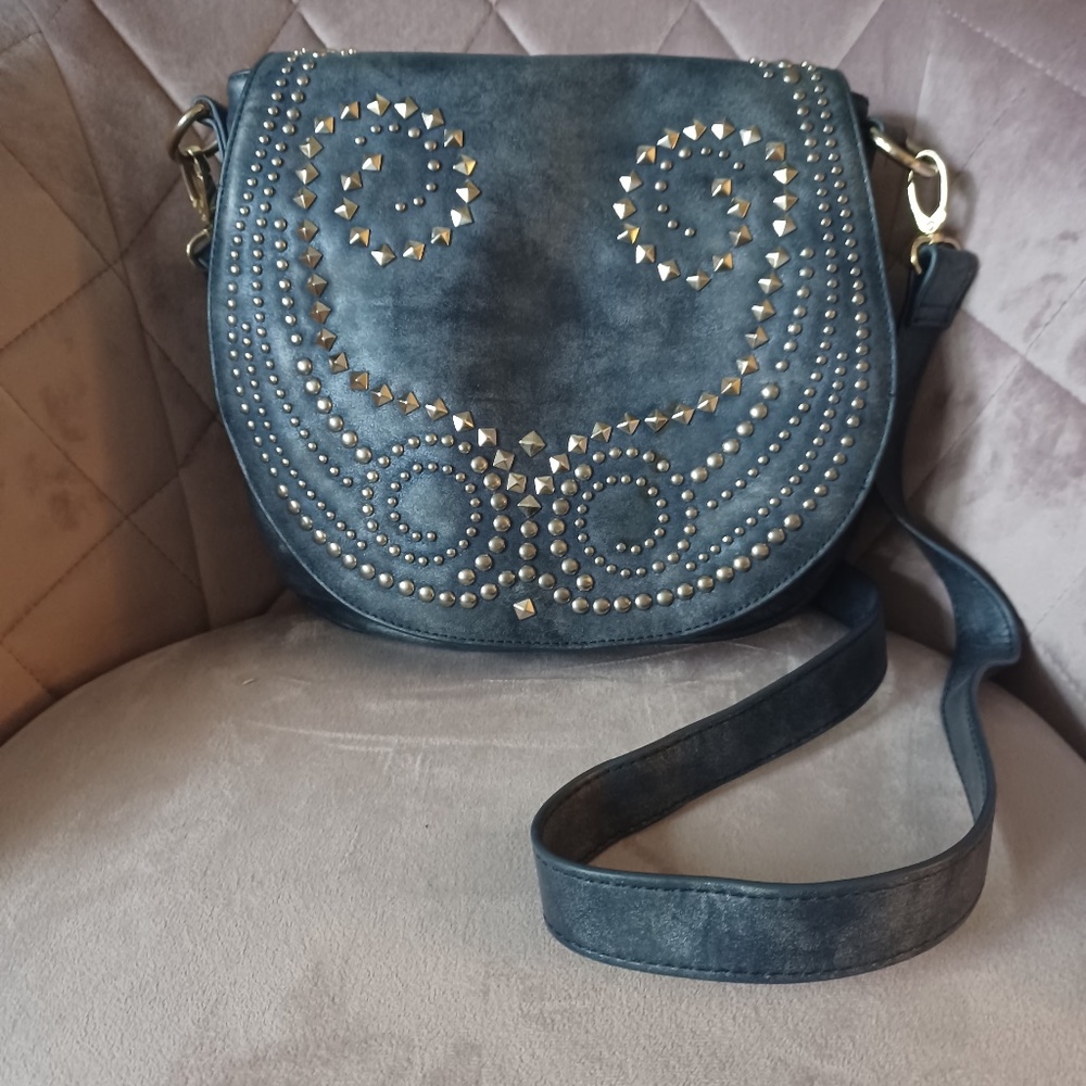 Western Chic! Studded Metallic Blue Imoshion Brand Vegan Leather Bag/ Sa…